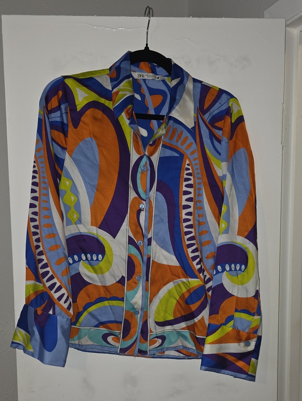 Zara Women's Multicolor Abstract Button-Down Shirt - Blue/Orange/Purple/Green